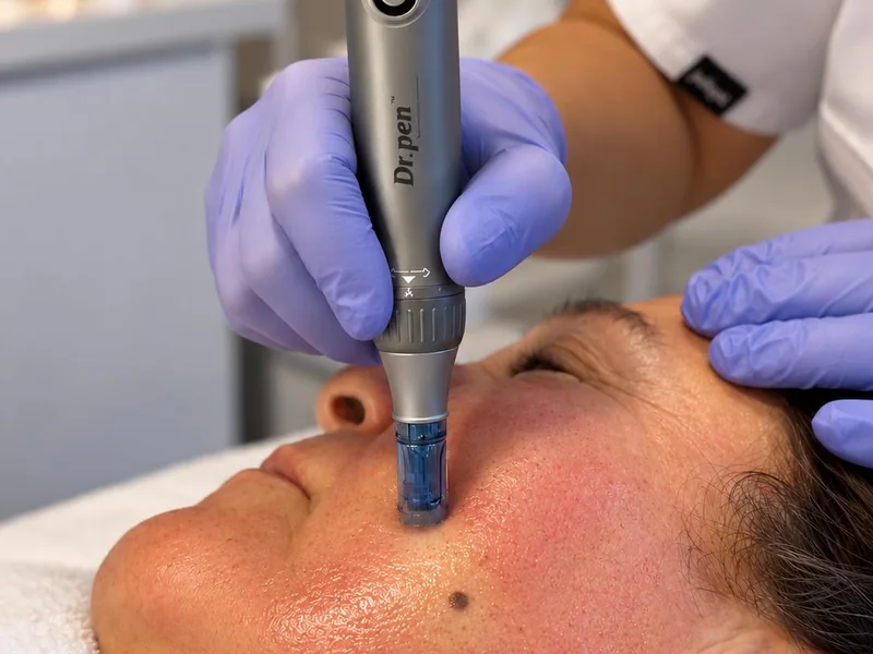 Microneedling-Behandlung im Gesicht mit einem Microneedling-Pen